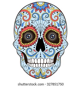 Day of The Dead Sugar Skull with vivid ornament. Vector illustration. 