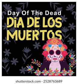 Day of the dead with sugar skull. Woman and bouquet on black background. Day of the Dead concept. Flat vector illustration.