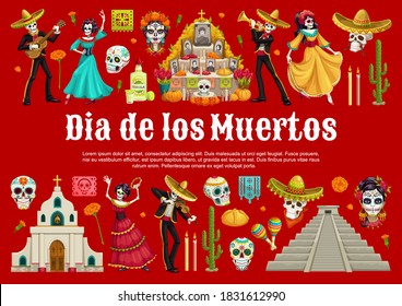 Day of the Dead sugar skulls and Catrina with Mexican Dia de los Muertos altar vector banner. Dancing skeletons with sombreros, guitars and maracas, marigold flowers, tequila, bread and pyramid