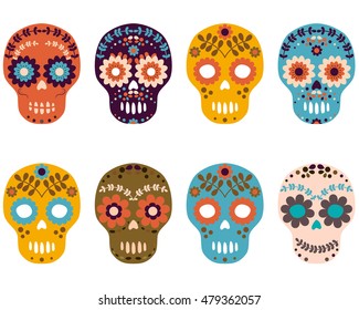 Day of the Dead Sugar Skulls, Colorful Vector Set