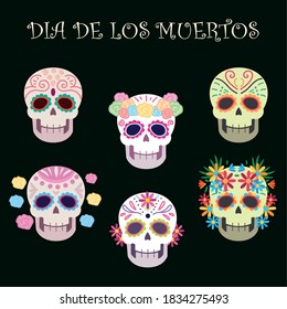 day of the dead, sugar skulls decoration flowers mexican celebration vector illustration