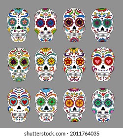 
Day of the Dead sugar skulls. Dia de los muertos. Day of the dead and  mexican Halloween. Mexican tradition  festival. Day of the dead sugar skull isolated. Dia de los Muertos tattoo skulls set.