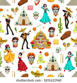 Día de los cráneos del azúcar muertos, los calamares y los sombreros sin fisuras. Fondo vectorial del Día de los Muertos de esqueletos de bailarinas de mariachi y flamenco con guitarras, altar e iglesias, maracas y tequila