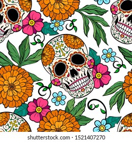 Day of the Dead Sugar skulls, orange peonies, floral bright and festive pattern seamless vector pattern. 