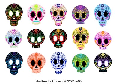 Day of the Dead sugar skulls set. Dia de los muertos mexican Halloween. Vector