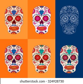 Day of the dead sugar skulls set. Mexican day of the dead. Dia de los muertos skull illustration. Colorful EPS10 vector. Easy editable.