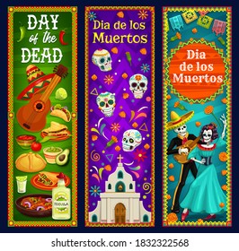 Day Of The Dead Sugar Skulls, Skeleton And Catrina Vector Banners. Mexican Dia De Los Muertos Sombrero, Guitar And Marigold Flowers, Musical Festival Mariachi And Calavera, Church, Bread And Tequila