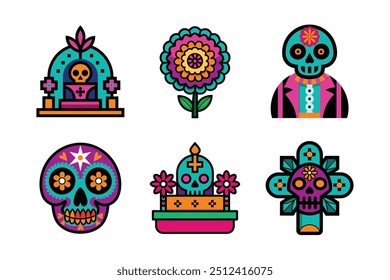 Day of the dead symbolic vector icons including sugar skull, marigold flower, skeleton and cross