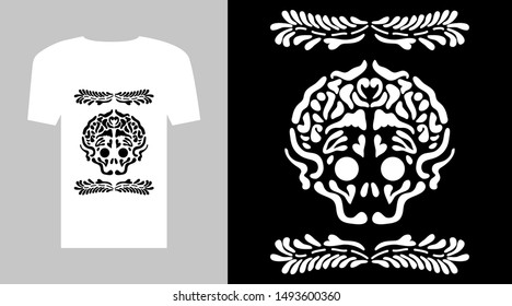 Day of the Dead T shirt. Simple black and white graphic with skull and floral ornaments.
