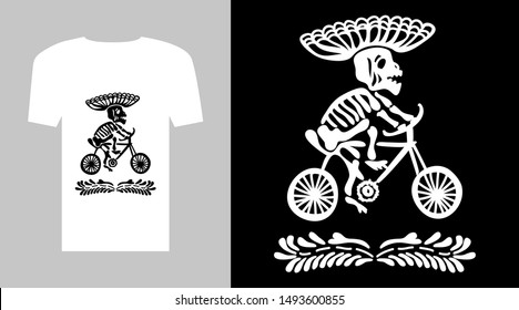 Day of the Dead T shirt. Simple black and white graphic with skeleton and floral ornaments.