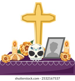 Dia da mesa Morta com uma cruz dourada, crânio pintado, marigolds, velas e tributo fotográfico emoldurado