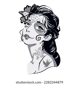 day of the dead, tattoo illustration of a woman with mexican skull makeup, black and white illustration.