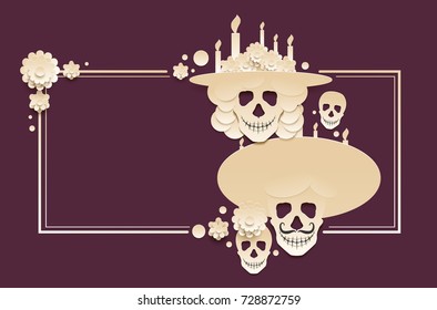 Day of the Dead template greeting card. Mexican Holiday Dia de Muertos. Set of Skull and burning Candle. Vector illustration