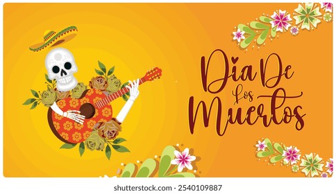 Dia dos Mortos texto com flores coloridas. Skull usa um sombrero e toca guitarra. O conceito do Dia dos Mortos. Ilustração de vetor plano.