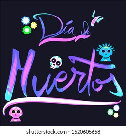 Day of the dead textured template in spanish. 1st of November Mexico's cultural celebration vector illustration.  Beautiful calligraphy backdrop on black background.