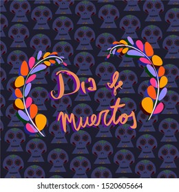 Day of the dead textured template in spanish. 1st of November Mexico's cultural celebration vector illustration.  Beautiful calligraphy backdrop on black background.