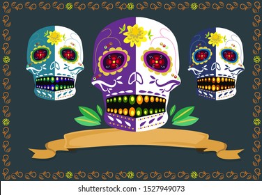 Day of the dead themed poster or banner with sugar skulls and floral borders. Editable Clip Art.
