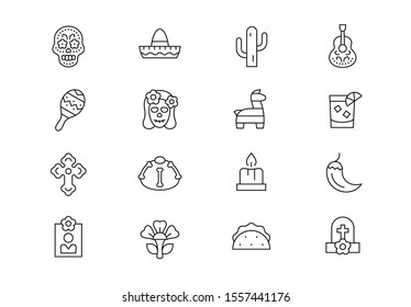 Day of the Dead thin line vector icons. Editable stroke.