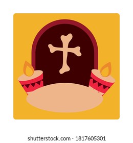 day of the dead, tombstone cross and burning candles, mexican celebration icon block and flat vector illustration