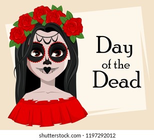 Day of the Dead traditional holiday. Beautiful girl with spooky body art. Vector illustration, usable for greeting card, poster, flyer.
