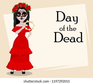 Day of the Dead traditional holiday. Beautiful girl with spooky body art holding tambourine. Vector illustration, usable for greeting card, poster, flyer.