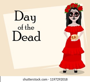 Day of the Dead traditional holiday. Beautiful girl with spooky body art holding skull. Vector illustration, usable for greeting card, poster, flyer.