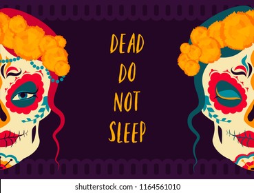 Day Of Dead Traditional Mexican Halloween Dia De Los Muertos Holiday Party Decoration Banner Invitation Flat Vector Illustration