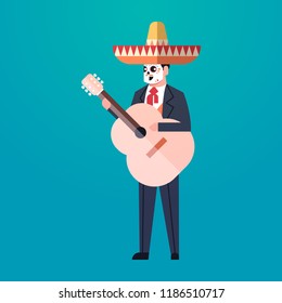 day of dead traditional mexican halloween man wearing traditional clothes playing guitar skeleton mask dia de los muertos holiday party male cartoon character full length flat vector illustration