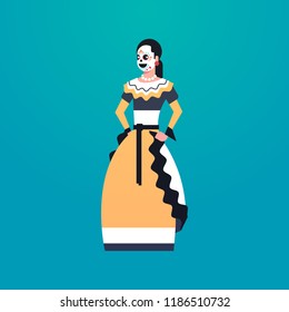 day of dead traditional mexican halloween woman wearing traditional clothes skeleton mask dia de los muertos holiday party female cartoon character full length flat vector illustration