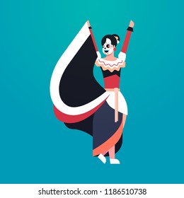 day of dead traditional mexican halloween woman wearing traditional clothes skeleton mask dia de los muertos holiday party female cartoon character full length flat vector illustration