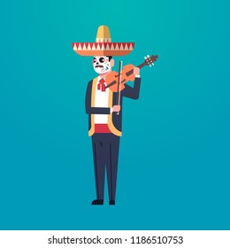 day of dead traditional mexican halloween man wearing traditional clothes playing violin skeleton mask dia de los muertos holiday party male cartoon character full length flat vector illustration