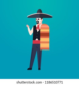day of dead traditional mexican halloween man wearing traditional clothes skeleton mask dia de los muertos holiday party male cartoon character full length flat vector illustration