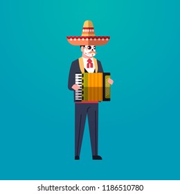 day of dead traditional mexican halloween man wearing traditional clothes playing accordion skeleton mask dia de los muertos holiday party male cartoon character full length flat vector illustration