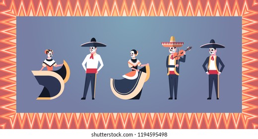 day of dead traditional mexican halloween dia de los muertos holiday party decoration man woman wearing skeleton masks dancing horizontal invitation greeting card flat full length vector illustration.