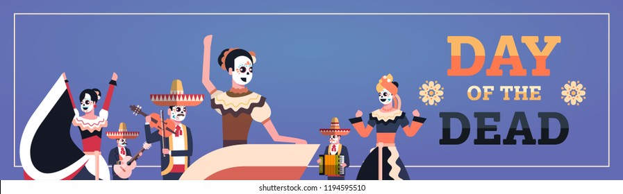 day of dead traditional mexican halloween dia de los muertos holiday party decoration man woman wearing skeleton masks dancing horizontal invitation greeting card flat portrait vector illustration.