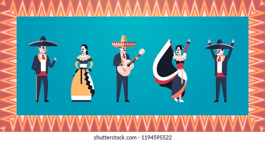 day of dead traditional mexican halloween dia de los muertos holiday party concept man woman wearing skeleton masks dancing horizontal invitation greeting card flat full length vector illustration.