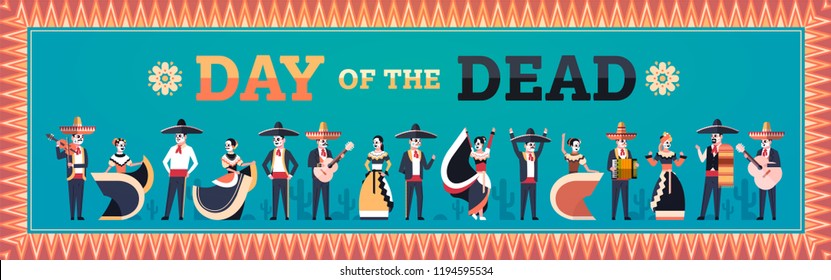 day of dead traditional mexican halloween dia de los muertos holiday party decoration men women wearing skeleton masks playing musical instruments horizontal banner invitation greeting card flat