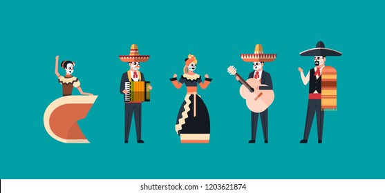 day of dead traditional mexican halloween dia de los muertos holiday party decoration man woman wearing skeleton masks dancing horizontal invitation greeting card flat full length vector illustration.