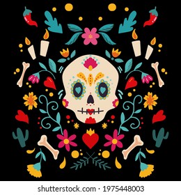 Day of the dead traditional Mexican Halloween dia de los muertos holiday decoration banner invitation flat vector illustration poster t shirt design