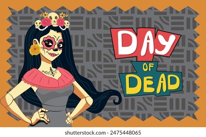 Day of the Dead Traditional Mexican Halloween De Los Muertos Holiday Party Decoration Banner Invitation Flat Vector Illustration.