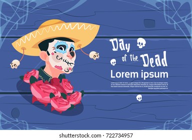 Day Of Dead Traditional Mexican Halloween Holiday Party Decoration Banner Invitation Flat Vector Illustration