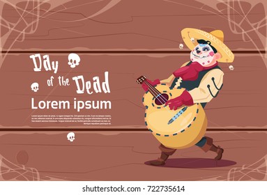 Day Of Dead Traditional Mexican Halloween Holiday Party Decoration Banner Invitation Skeleton Play Guitar Flat Vector Illustration