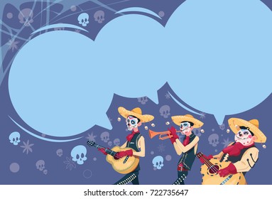 Day Of Dead Traditional Mexican Halloween Holiday Party Decoration Banner Invitation Group Of Skeleton Play Guitar Flat Vector Illustration