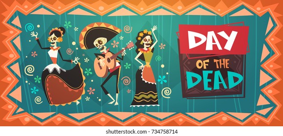 Day Of Dead Traditional Mexican Halloween Dia De Los Muertos Holiday Party Decoration Banner Invitation Flat Vector Illustration