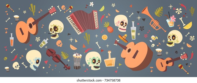 Day Of Dead Traditional Mexican Halloween Dia De Los Muertos Holiday Party Decoration Banner Invitation Flat Vector Illustration