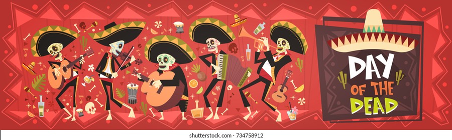 Day Of Dead Traditional Mexican Halloween Dia De Los Muertos Holiday Party Decoration Banner Invitation Flat Vector Illustration