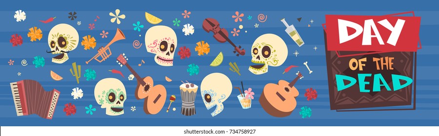 Day Of Dead Traditional Mexican Halloween Dia De Los Muertos Holiday Party Decoration Banner Invitation Flat Vector Illustration