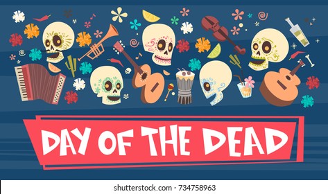 Day Of Dead Traditional Mexican Halloween Dia De Los Muertos Holiday Party Decoration Banner Invitation Flat Vector Illustration