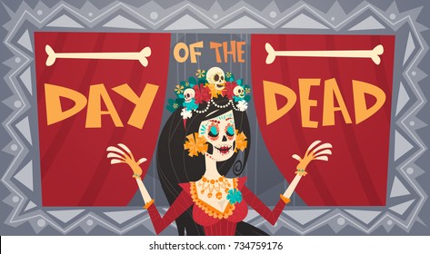 Day Of Dead Traditional Mexican Halloween Dia De Los Muertos Holiday Party Decoration Banner Invitation Flat Vector Illustration