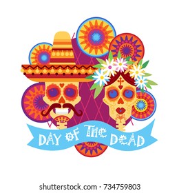 Day Of Dead Traditional Mexican Halloween Dia De Los Muertos Holiday Party Decoration Banner Invitation Flat Vector Illustration